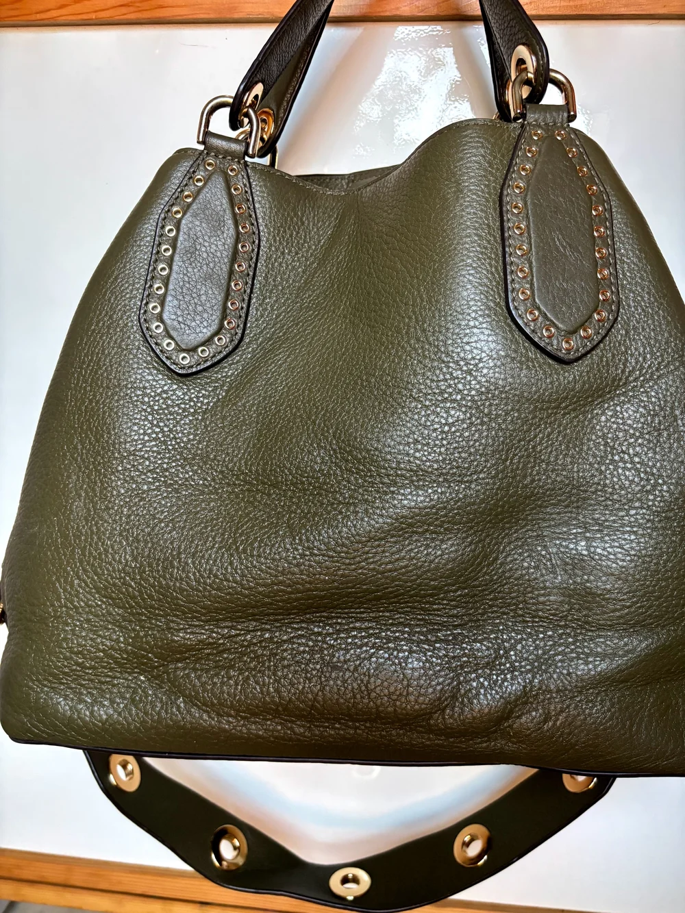 Michael Kors Olive Leather Tote with Tassel and Gold Accents